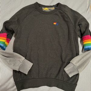 Rainbow Stitch Sleeve Crew Sweatshirt. Black with Grey Sleeves. Size Small.